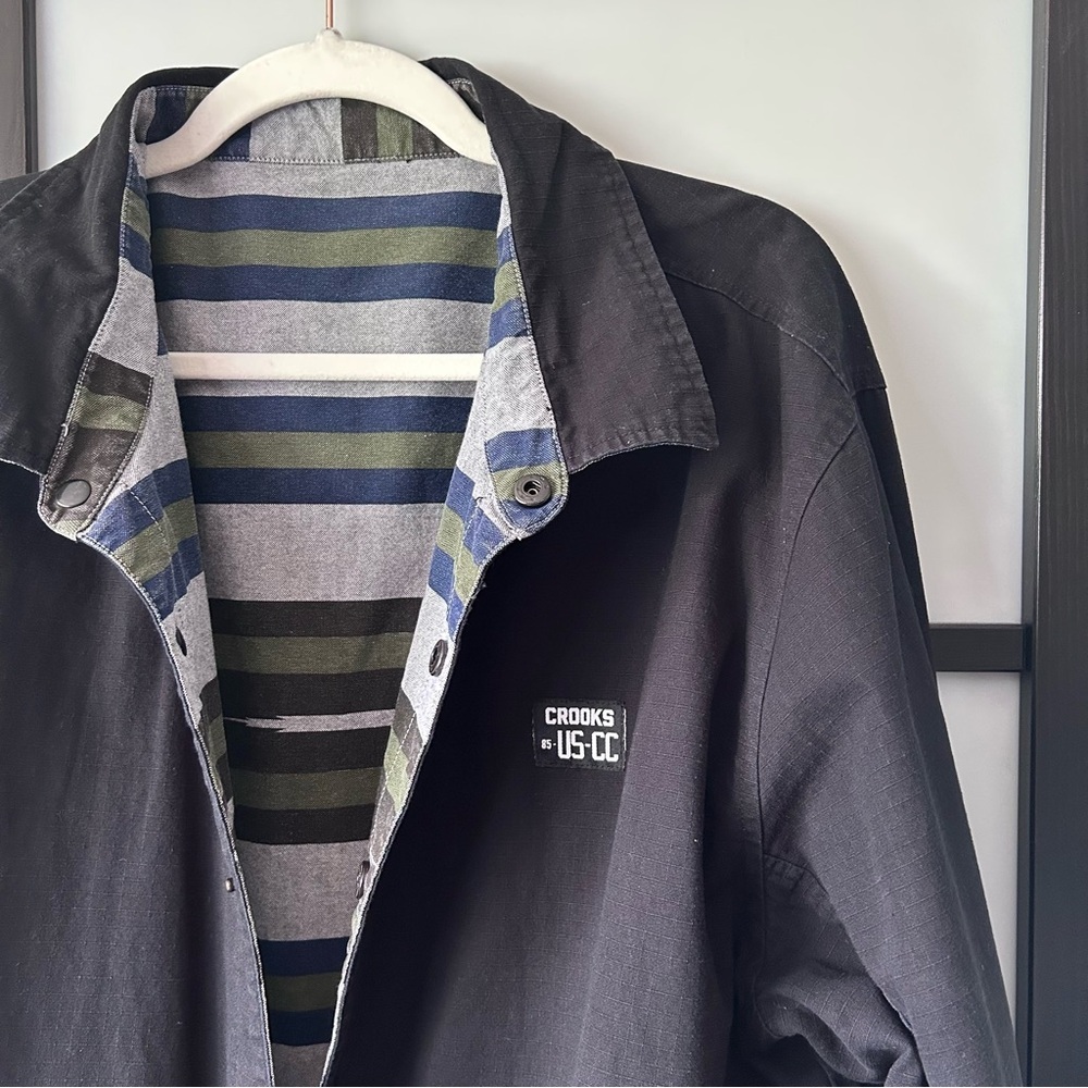 [XXL] Crooks & Castles Men's Reversible Striped Shirt Jacket Black & Blue, Grey